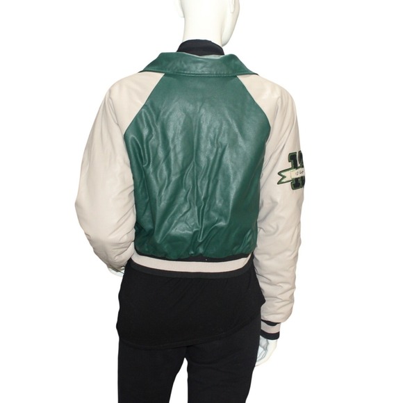 Fashion Nova Green Faux Leather Varsity Jacket Letterman Style Small - Picture 2 of 9